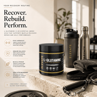 Elevate L-Glutamine 100% Ultra Micronised supplement in a 500g container, showing the product label and scoop inside.