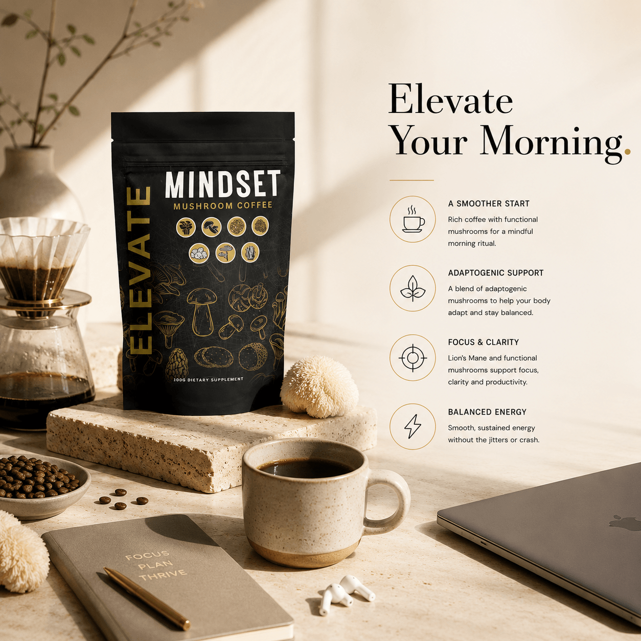 Elevate Mushroom Coffee by ElevateSupplementsNI featuring Lion's Mane and adaptogenic mushrooms in a clear coffee mug.