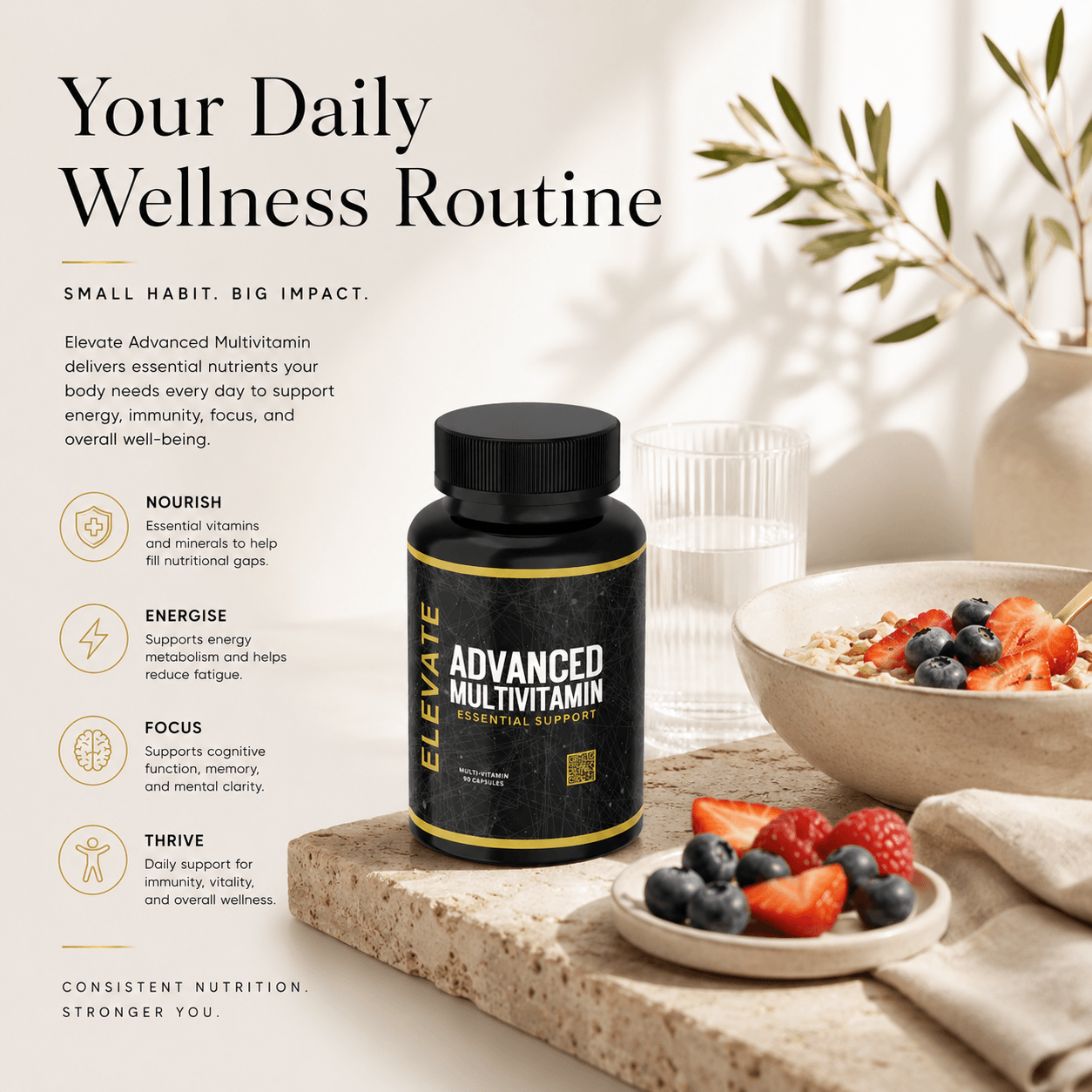 Elevate Multi-Vitamin bottle with colorful capsules, containing daily vitamins and minerals by ElevateSupplementsNI.