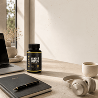 Elevate Mind & Focus supplement by ElevateSupplementsNI, featuring Alpha GPC and Acetyl-L-Carnitine, displayed in capsule form.