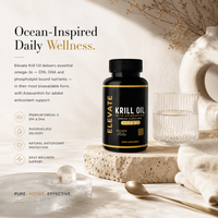 Elevate Krill Oil 3000mg capsules with astaxanthin, omega-3, EPA, and DHA from ElevateSupplementsNI showing the supplement bottle.