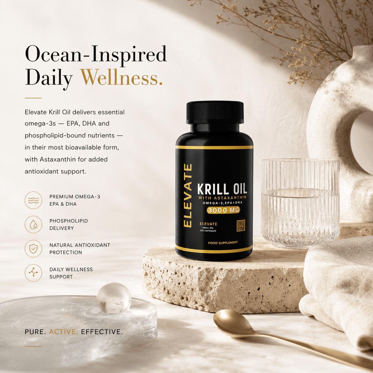 Elevate Krill Oil 3000mg capsules with astaxanthin, omega-3, EPA, and DHA from ElevateSupplementsNI showing the supplement bottle.