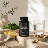 Elevate Thyroid & Metabolism Support supplement bottle with capsules, containing iodine, selenium, and L-Tyrosine, on a white background.