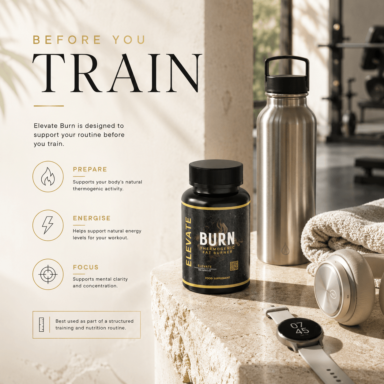 ElevateBurn thermogenic fat burner capsules from ElevateSupplementsNI, shown in blister pack with small capsules.