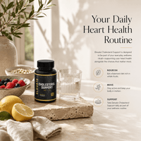 Elevate Supplements cholesterol support bottle featuring bergamot and beta-sitosterol capsules on a white background.