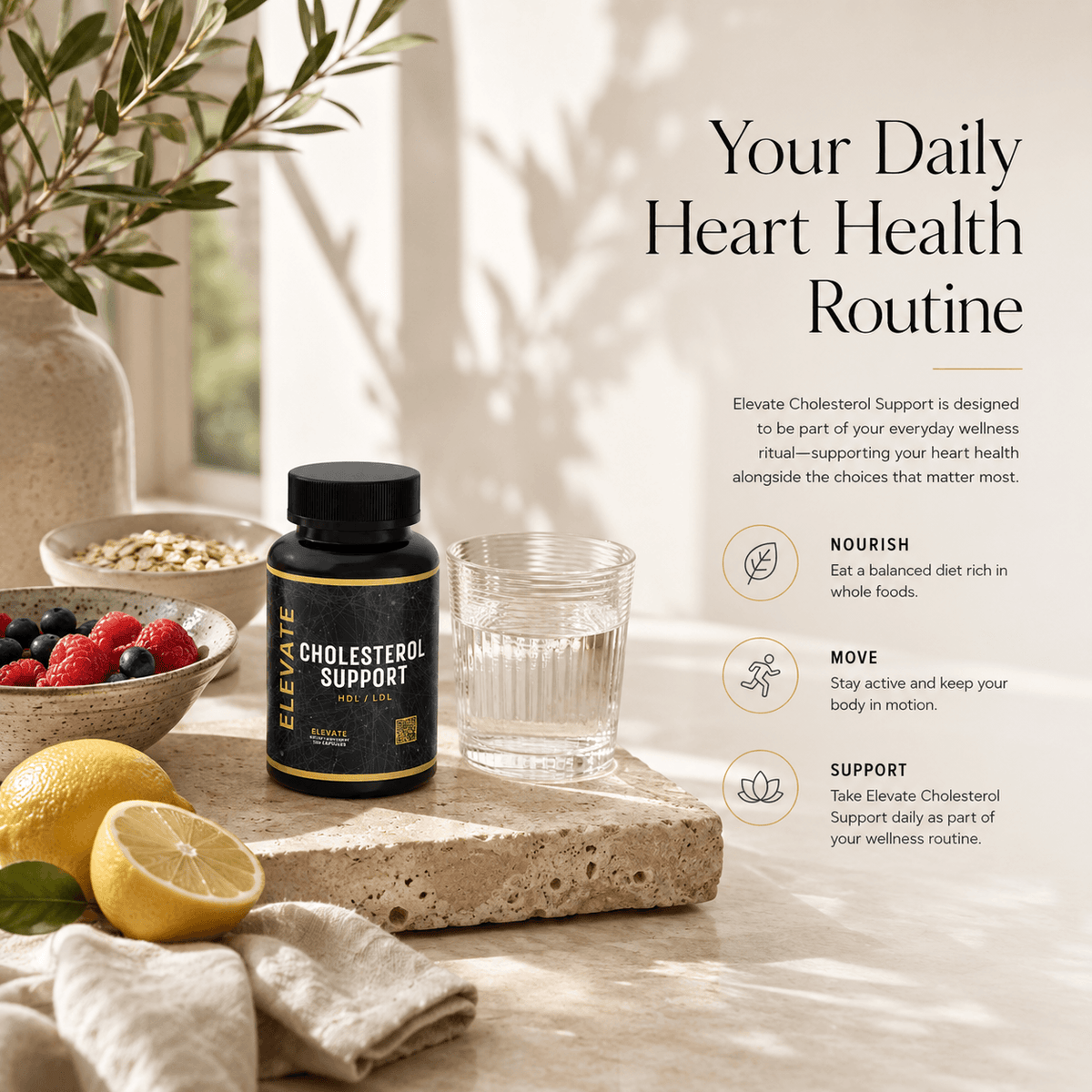 Elevate Supplements cholesterol support bottle featuring bergamot and beta-sitosterol capsules on a white background.