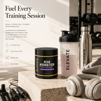 Elevate Peak Hydration electrolytes and creatine powder in a 270g container, with scoops and supplement packaging from ElevateSupplements.