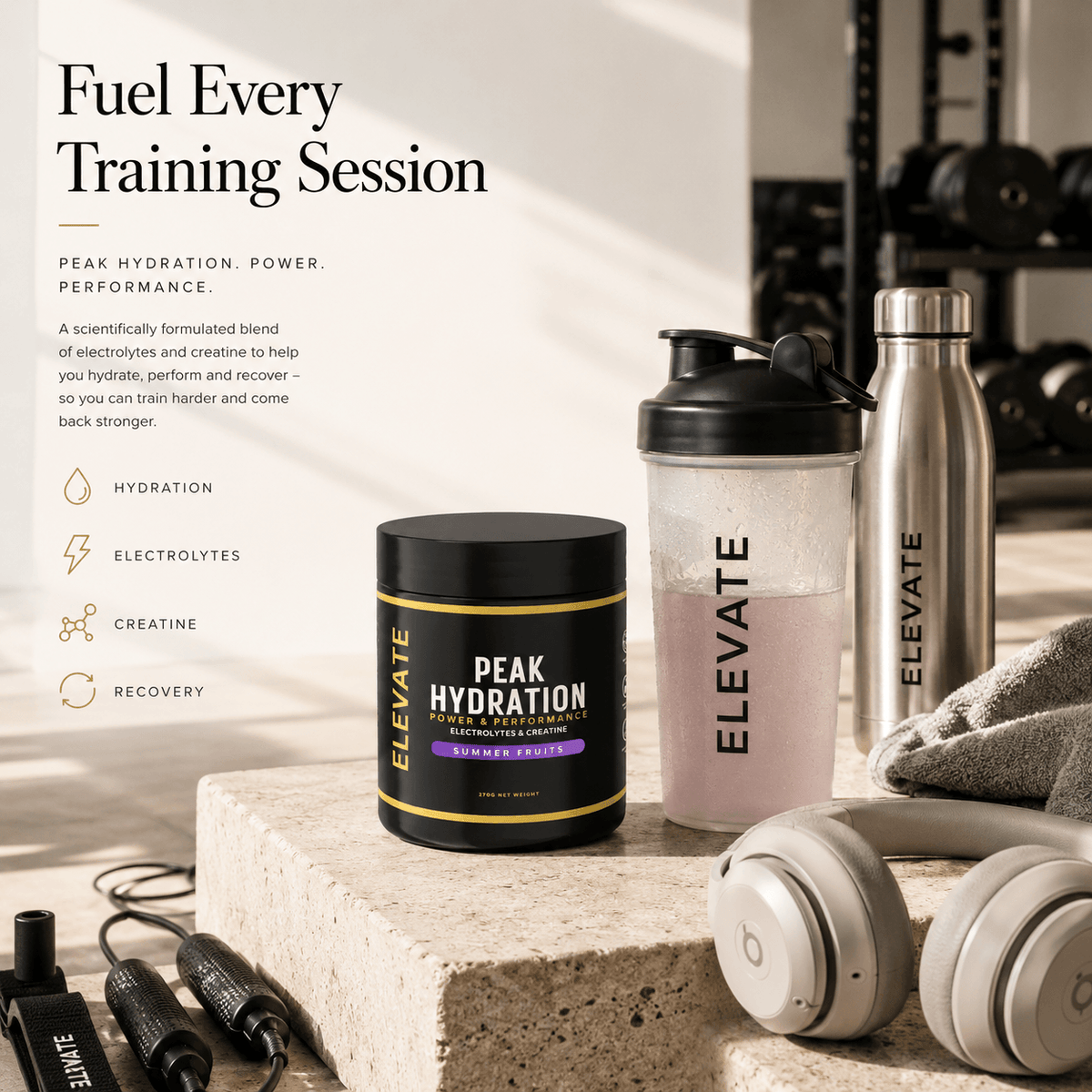 Elevate Peak Hydration electrolytes and creatine powder in a 270g container, with scoops and supplement packaging from ElevateSupplements.