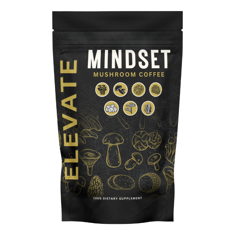 Elevate Mushroom Coffee by ElevateSupplementsNI featuring lion's mane and adaptogenic mushrooms in a cup on a wooden table.