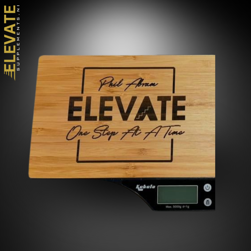 ElevateScales by ElevateSupplementsNI featuring a sleek digital bathroom scale with a glass surface and digital display.