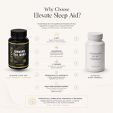 Elevate Sleep Aid supplement bottle with label showing 5-HTP, Magnesium, and L-Theanine for restful sleep and relaxation.