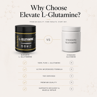Elevate L-Glutamine powder by ElevateSupplementsNI in a 500g container, ultra-micronized for easy mixing and absorption.