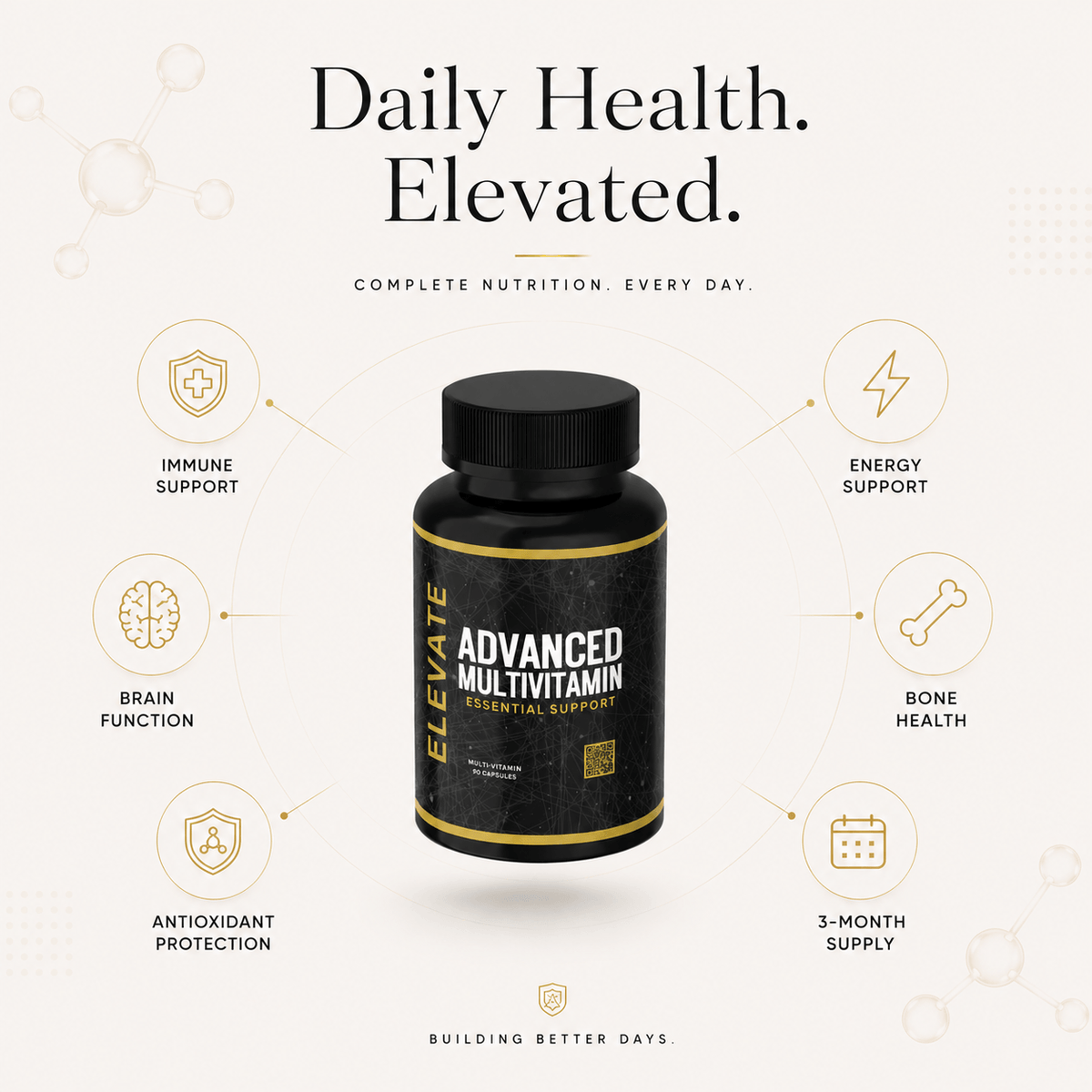 Elevate Multi-Vitamin bottle with colorful capsules, daily vitamins and minerals supplement from ElevateSupplementsNI.