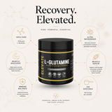 Elevate L-Glutamine supplement in a 500g container, ultra micronized powder for fitness and muscle recovery.