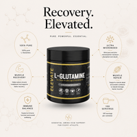 Elevate L-Glutamine supplement in a 500g container, ultra micronized powder for fitness and muscle recovery.