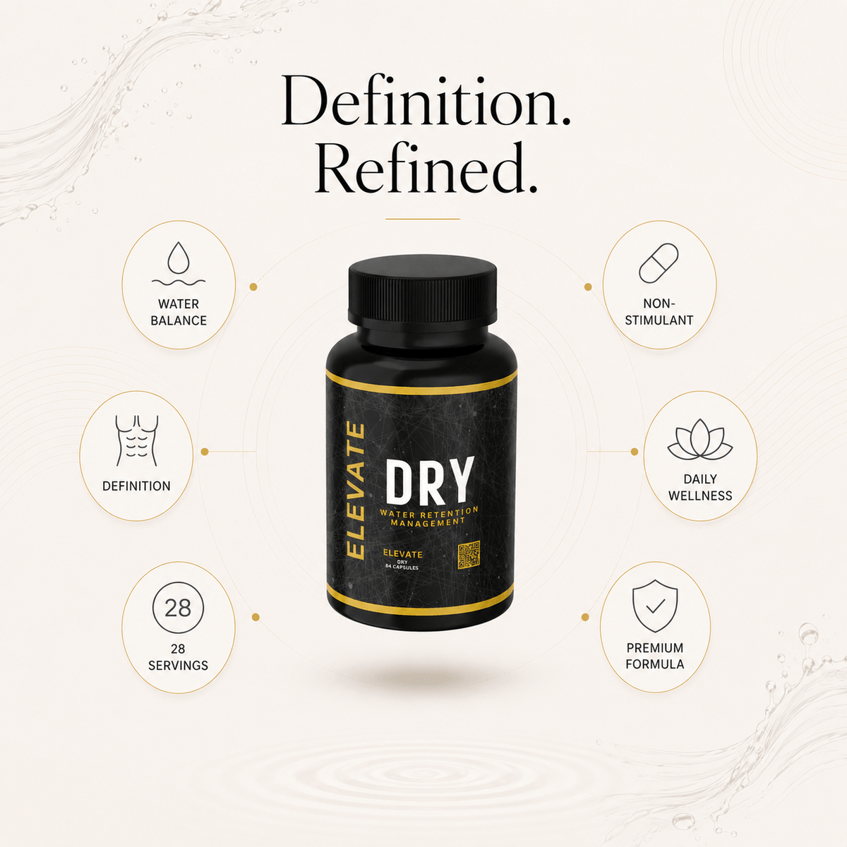 Elevate Dry supplement bottle showing water balance and muscle definition formula by ElevateSupplementsNI on a white background.