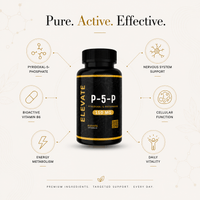 Elevate Supplements Elevate P-5-P active Vitamin B6 supplement bottle with label showing product details and branding.