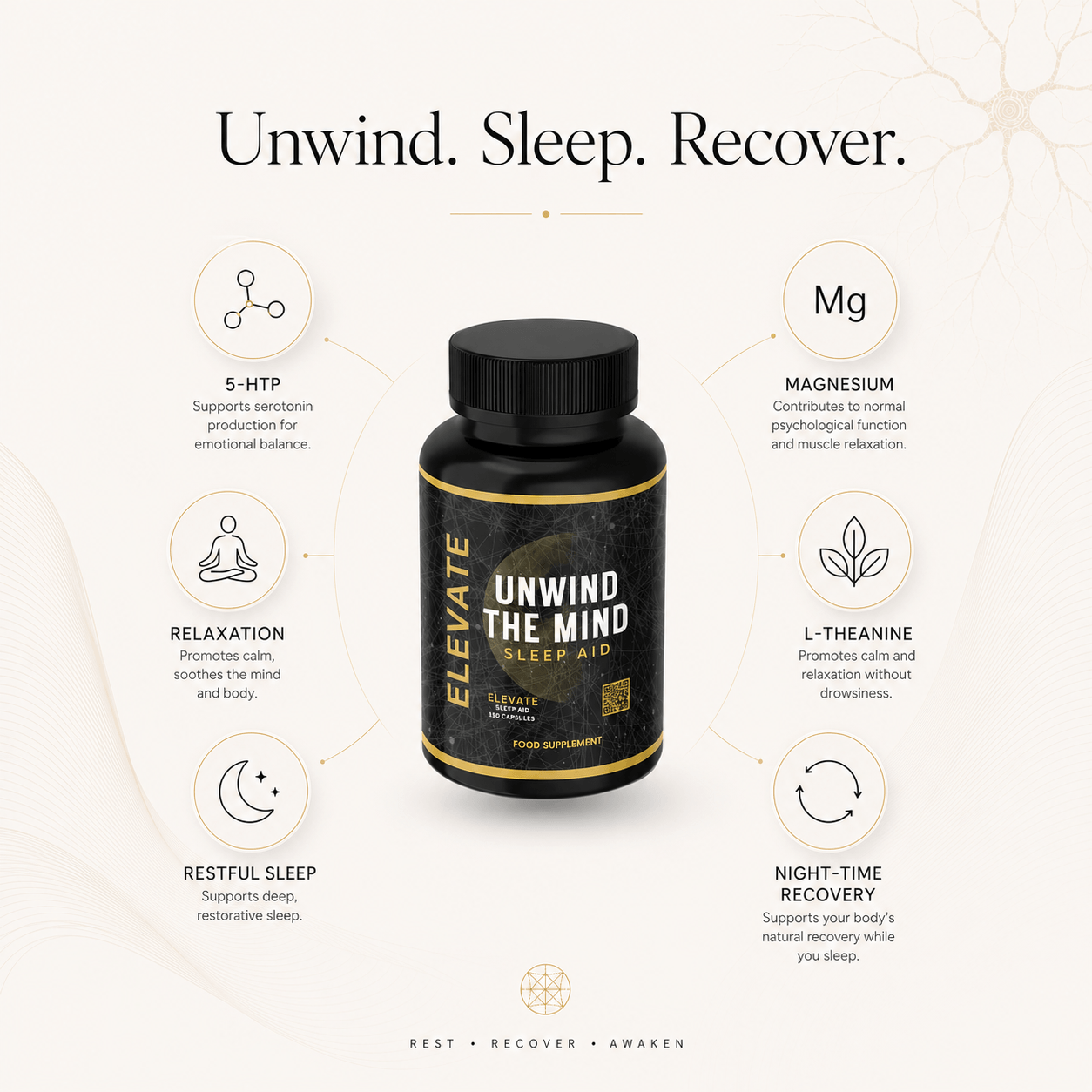 ElevateSleep Aid supplement box with 5-HTP, magnesium, and L-theanine from ElevateSupplementsNI for restful sleep.