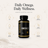 Elevate Omega 3 supplement bottle with high strength EPA and DHA, featuring a white label and blue accents.