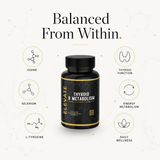 Elevate Thyroid & Metabolism Support supplement bottle with label featuring iodine, selenium, and L-tyrosine from ElevateSupplementsNI.