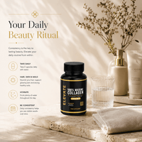 Elevate Marine Collagen supplement bottle from ElevateSupplementsNI with label showing hyaluronic acid, vitamin C, and biotin ingredients.