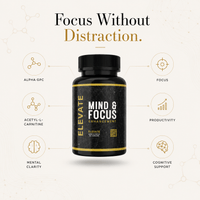 Elevate Mind & Focus supplement by ElevateSupplementsNI featuring capsules with Alpha GPC and Acetyl-L-Carnitine for mental clarity