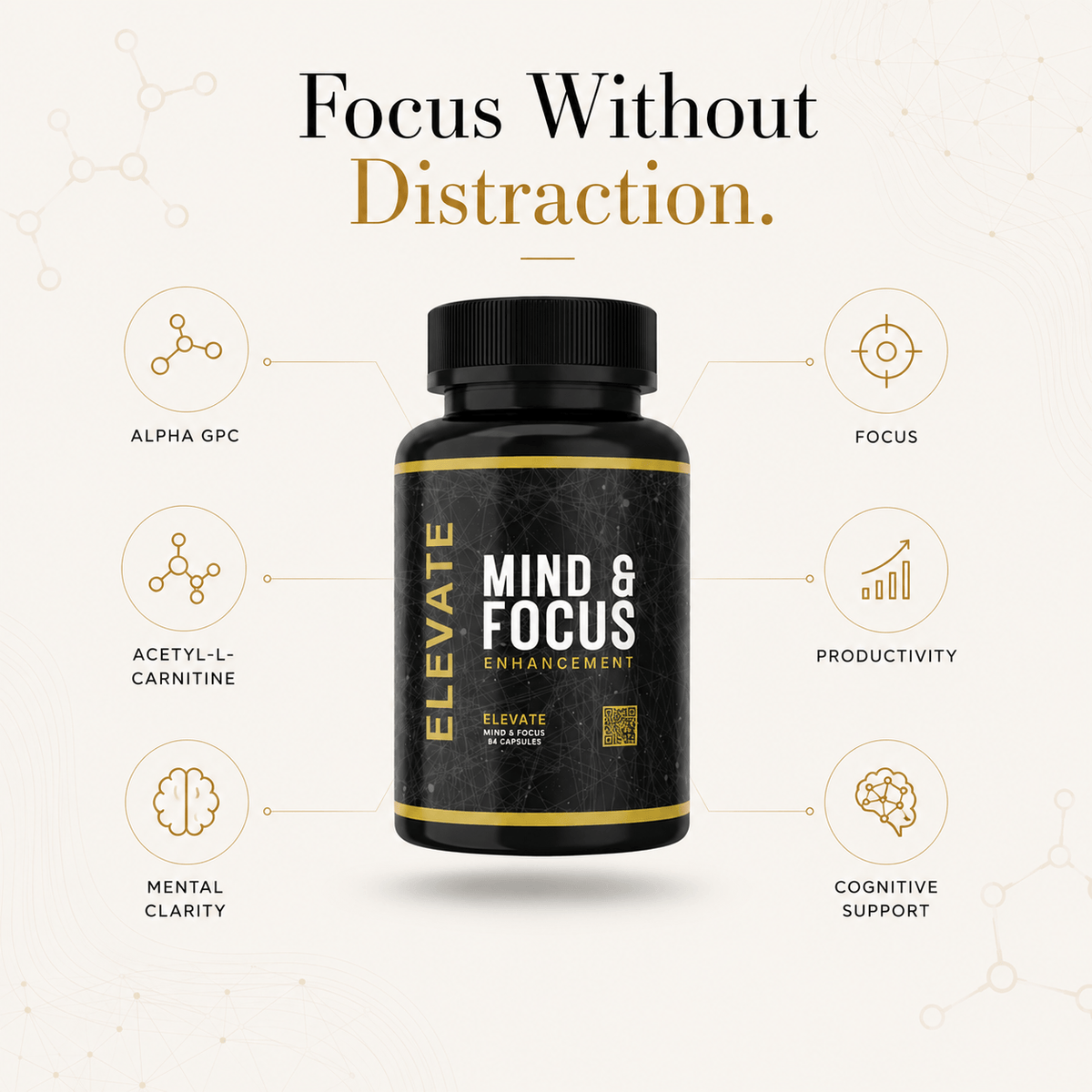 Elevate Mind & Focus supplement by ElevateSupplementsNI featuring capsules with Alpha GPC and Acetyl-L-Carnitine for mental clarity