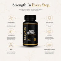 Elevate Joint Support Capsules featuring Glucosamine, Chondroitin, and MSM in a clear bottle with capsules inside.