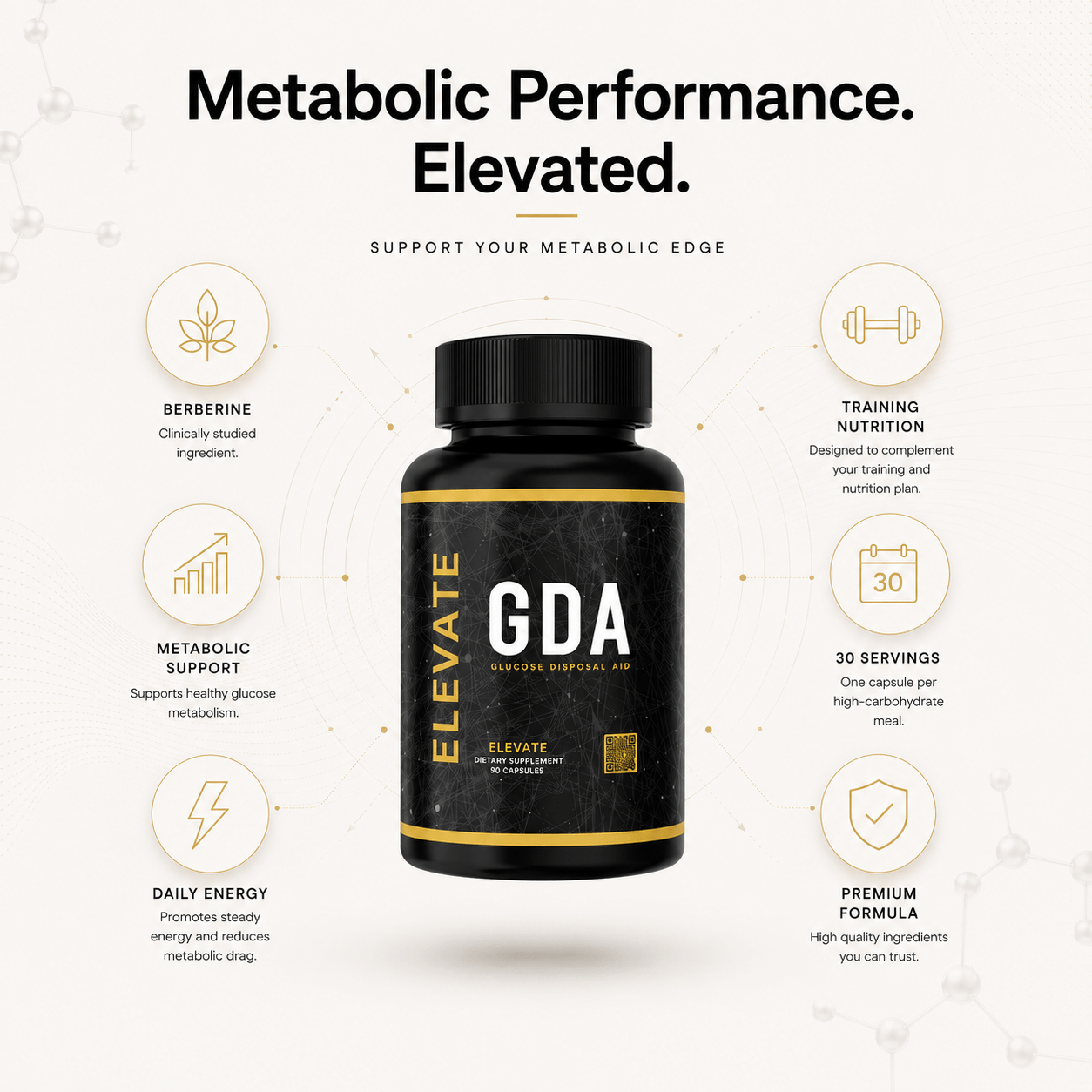 Elevate GDA glucose disposal agent supplement with berberine, shown in a sleek supplement bottle with label details.