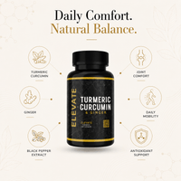 Elevate Supplements Turmeric Curcumin and Ginger supplement bottle with black pepper extract, showcasing the product label.