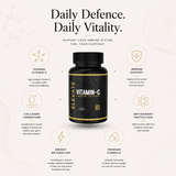 Bottle of Elevate Vitamin C 1000mg high strength supplement by ElevateSupplementsNI, showing the label and capsule details.