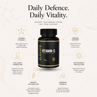 Bottle of Elevate Vitamin C 1000mg high strength supplement by ElevateSupplementsNI, showing the label and capsule details.