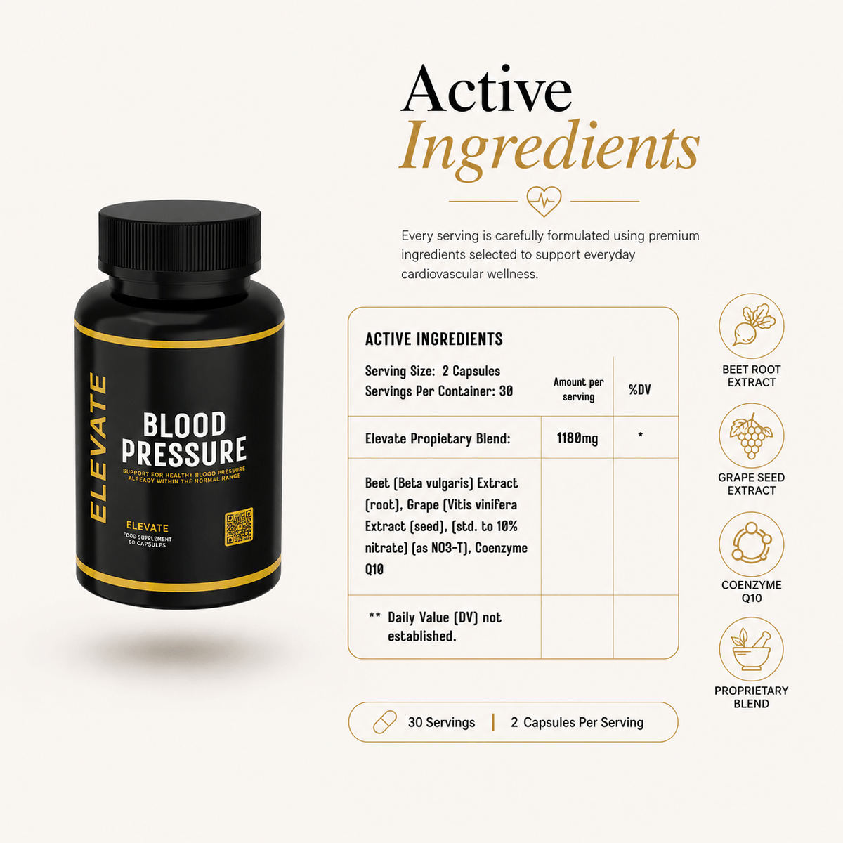 Elevate SupplementsNI Elevate Blood Pressure support supplement bottle with label, designed for heart and circulation health.