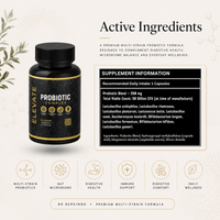 Elevate Probiotic Complex by ElevateSupplementsNI showing a bottle of multi-strain probiotics with capsules on a white background.