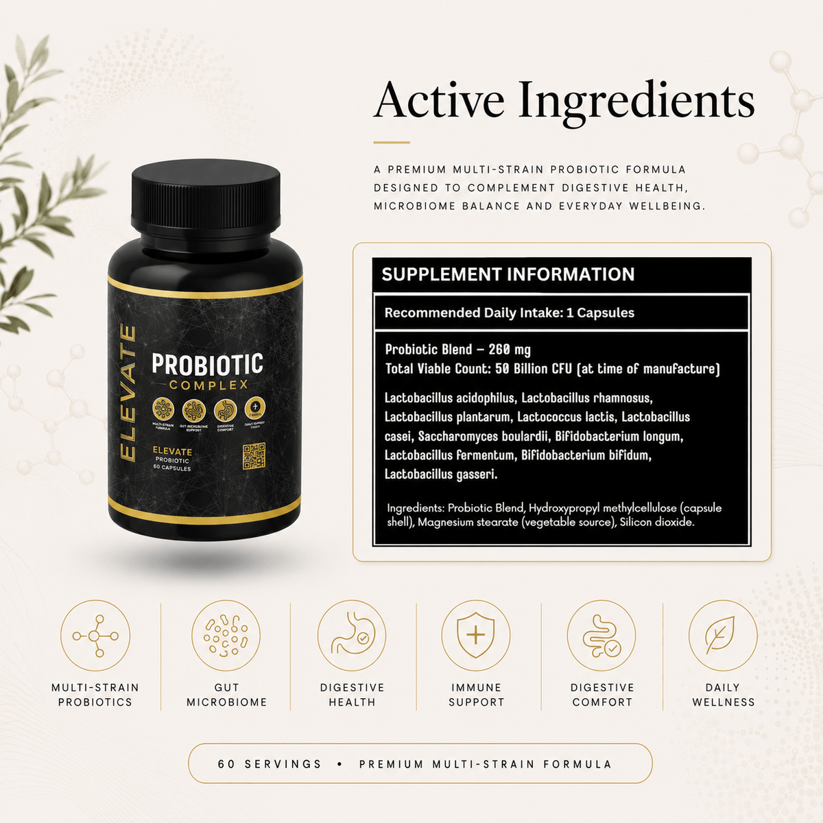 Elevate Probiotic Complex by ElevateSupplementsNI showing a bottle of multi-strain probiotics with capsules on a white background.