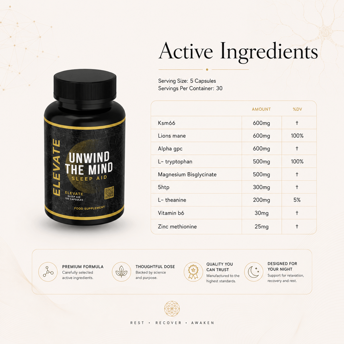Elevate Sleep Aid supplement bottle with label showing 5-HTP, magnesium, and L-theanine for restful sleep, by ElevateSupplementsNI.