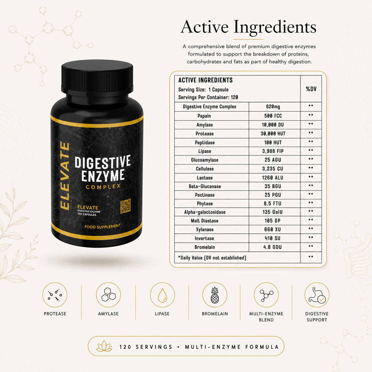 Elevate Digestive Enzyme Complex supplement bottle with label showing multi-enzyme formula for digestive support.