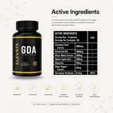 Close-up of Elevate GDA glucose disposal agent supplement bottle with label featuring Berberine by ElevateSupplementsNI.