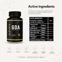 Close-up of Elevate GDA glucose disposal agent supplement bottle with label featuring Berberine by ElevateSupplementsNI.