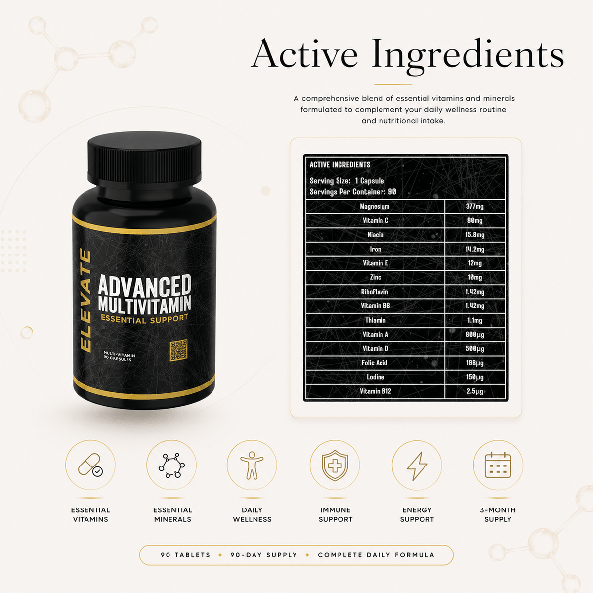 ElevateSupplementsNI Elevate Multi-Vitamin bottle with colorful capsules and label showing daily vitamins and minerals supplement.