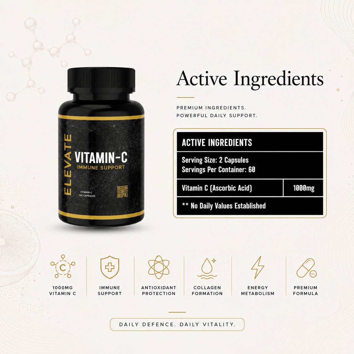 Elevate Vitamin C 1000mg high strength supplement bottle from ElevateSupplementsNI, featuring orange capsules on a white background.