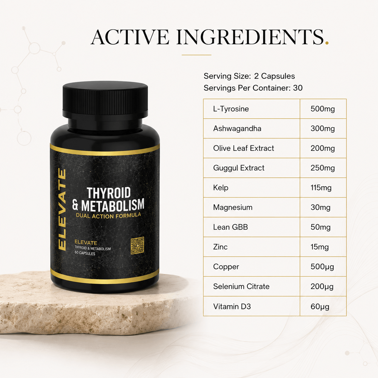 Elevate Thyroid & Metabolism Support supplement bottle featuring iodine, selenium, and L-tyrosine for thyroid health.