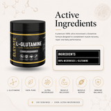 Container of Elevate L-Glutamine 100% Ultra Micronised supplement in a 500g jar, showing the product label and packaging.