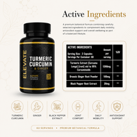 Elevate Turmeric Curcumin & Ginger supplement bottle with black pepper extract, featuring bright label and capsules inside.