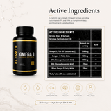 High strength Elevate Omega 3 supplement capsules with EPA and DHA for overall health and wellness.