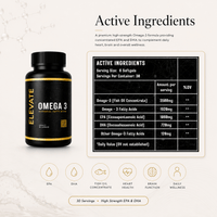 High strength Elevate Omega 3 supplement capsules with EPA and DHA for overall health and wellness.
