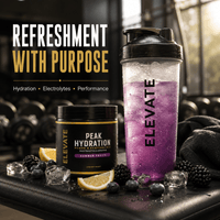 Elevate Peak Hydration electrolyte and creatine powder in a 270g container, with scoop and supplement packaging visible.