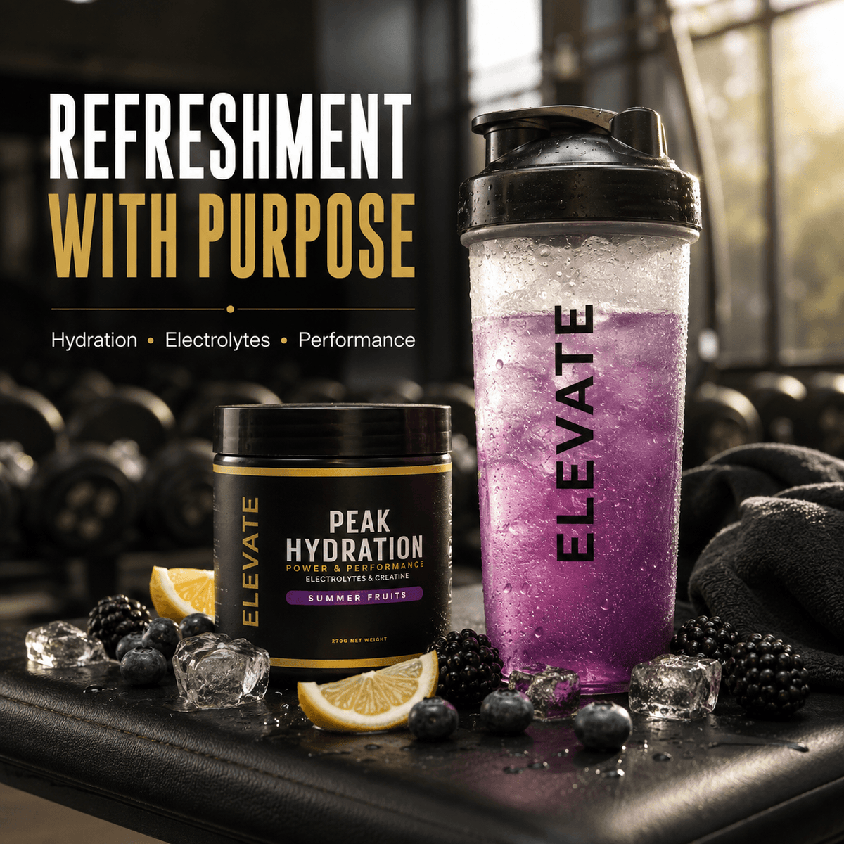 Elevate Peak Hydration electrolyte and creatine powder in a 270g container, with scoop and supplement packaging visible.