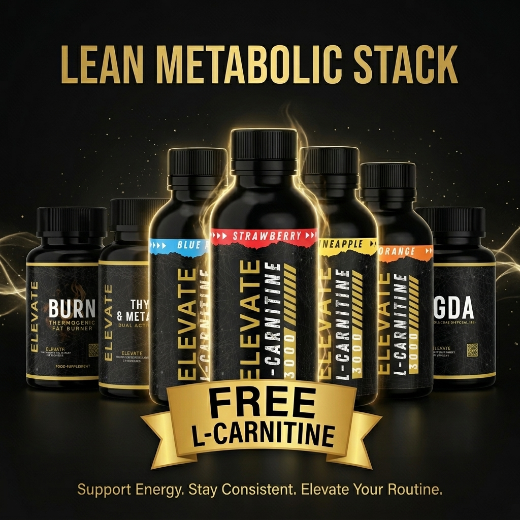 Elevate Supplements Lean Metabolic Stack with free L-Carnitine supplement bottle, featuring supplement capsules and branding.
