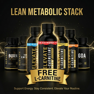 Elevate Supplements Lean Metabolic Stack with free L-Carnitine supplement bottle, featuring supplement capsules and branding.